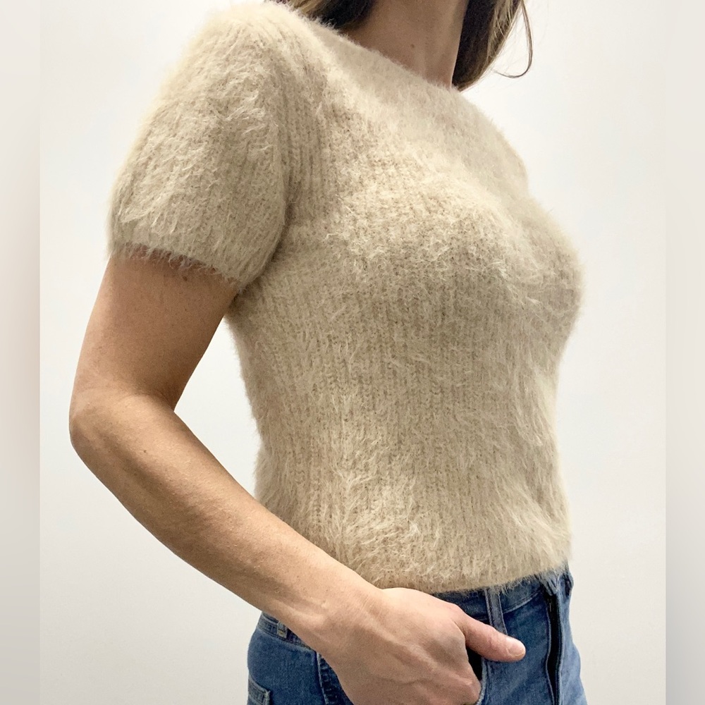 Fuzzy cream shirt sleeve sweater